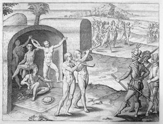 Espanhóis sendo recebidos por um rei indiano, a partir do relato de Girolamo Benzoni sobre a conquista do Peru, de "Newe Welt und Americanische Historien", de Johann Ludwig Gottfried, publicado por Mattaeus Meri